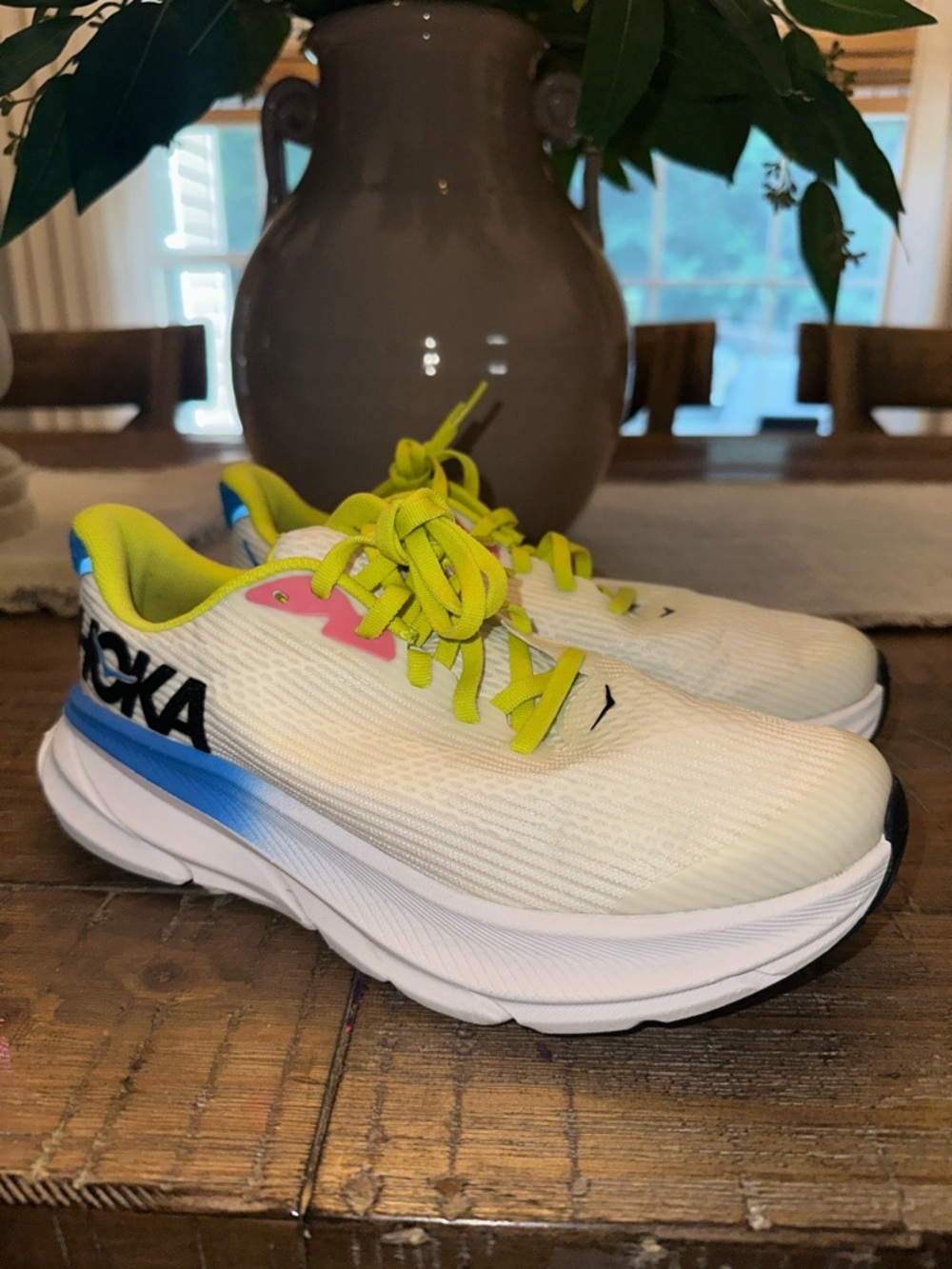 New! Hoka Kids White Sneakers with Lime/Blue